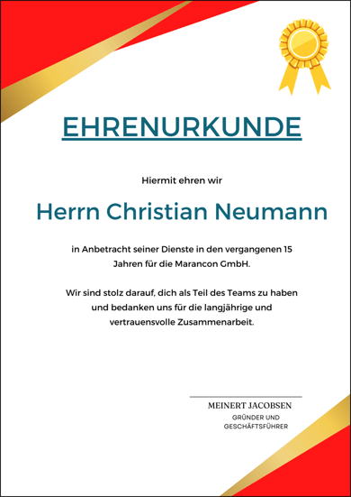 Ehrenurkunde Christian Neumann - 15 Jahre Mitarbeiter